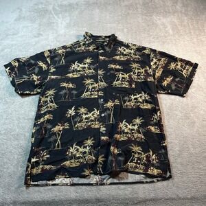 Van Heusen Polo Shirt Men's‎ Large Black Silk Hawaiian Palm Tree Print Vacation